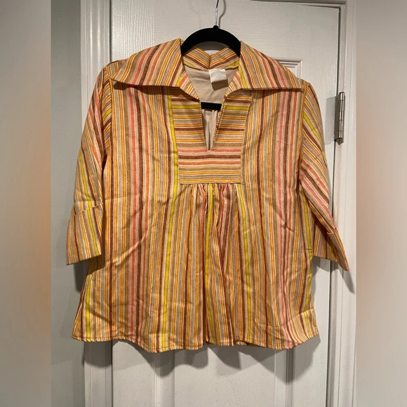 VTG 70s AJ Uppers Pointed Collar 3/4 Sleeve Yellow Striped V Neck Top Size L - Picture 1 of 10